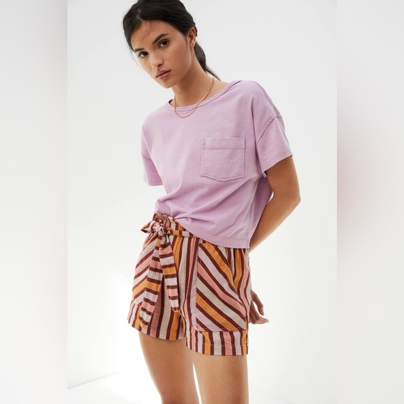 Anthropologie Red Pink Combo Belted Stripe Cotton Shorts $68 Boho hippie beach - Picture 2 of 12